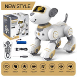 Robotic dog toy with remote control, power cable, and packaging.
