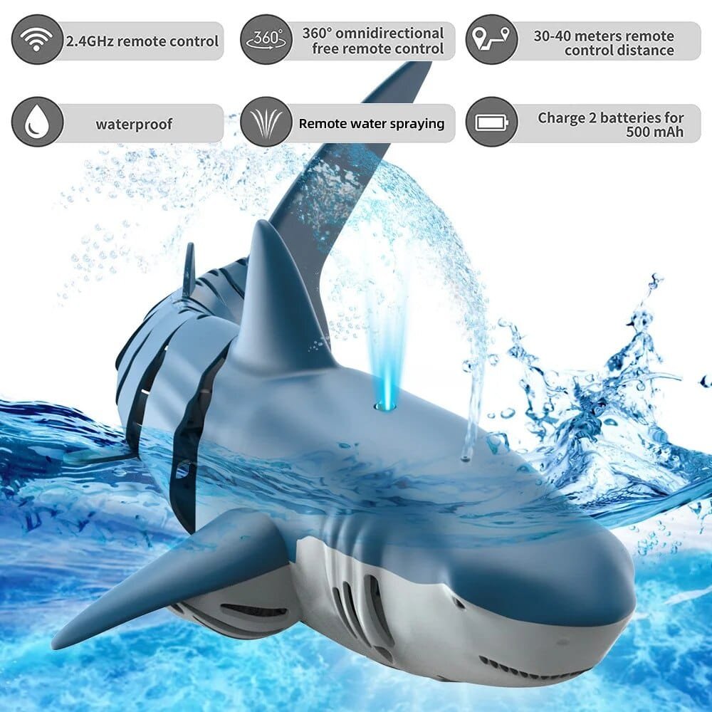 Toy shark with remote control features on a water-themed background