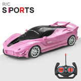 Pink toy sports car with remote control on a white background, featuring 'R/C Sports' branding.