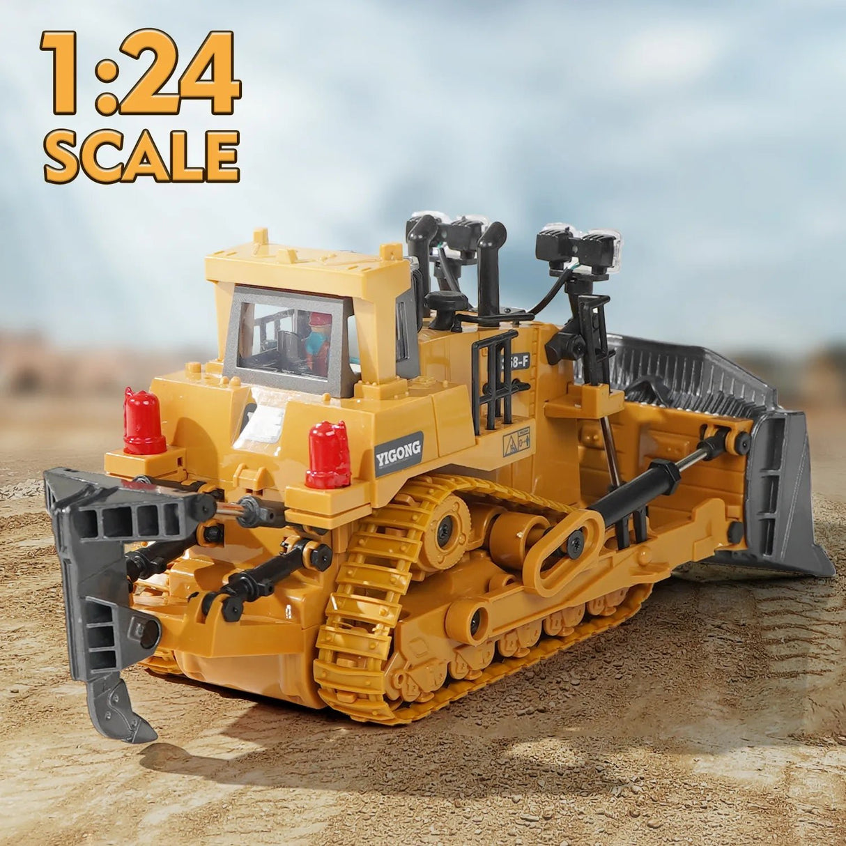 Toy bulldozer with '1:24 Scale' text