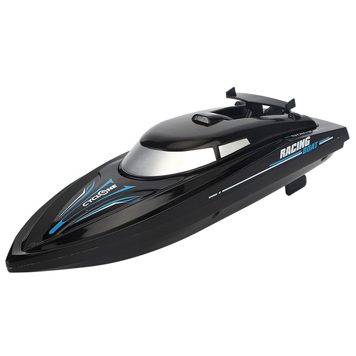 Black and blue racing boat.