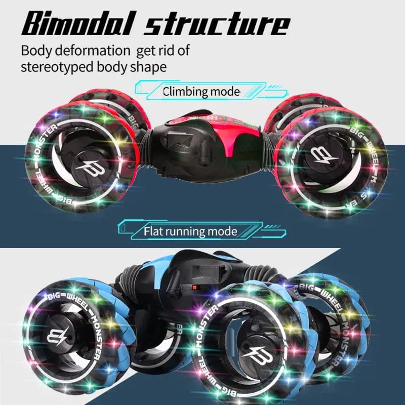 Two views of a hoverboard with colorful wheels, labeled 'Climbing mode' and 'Flat running mode'.