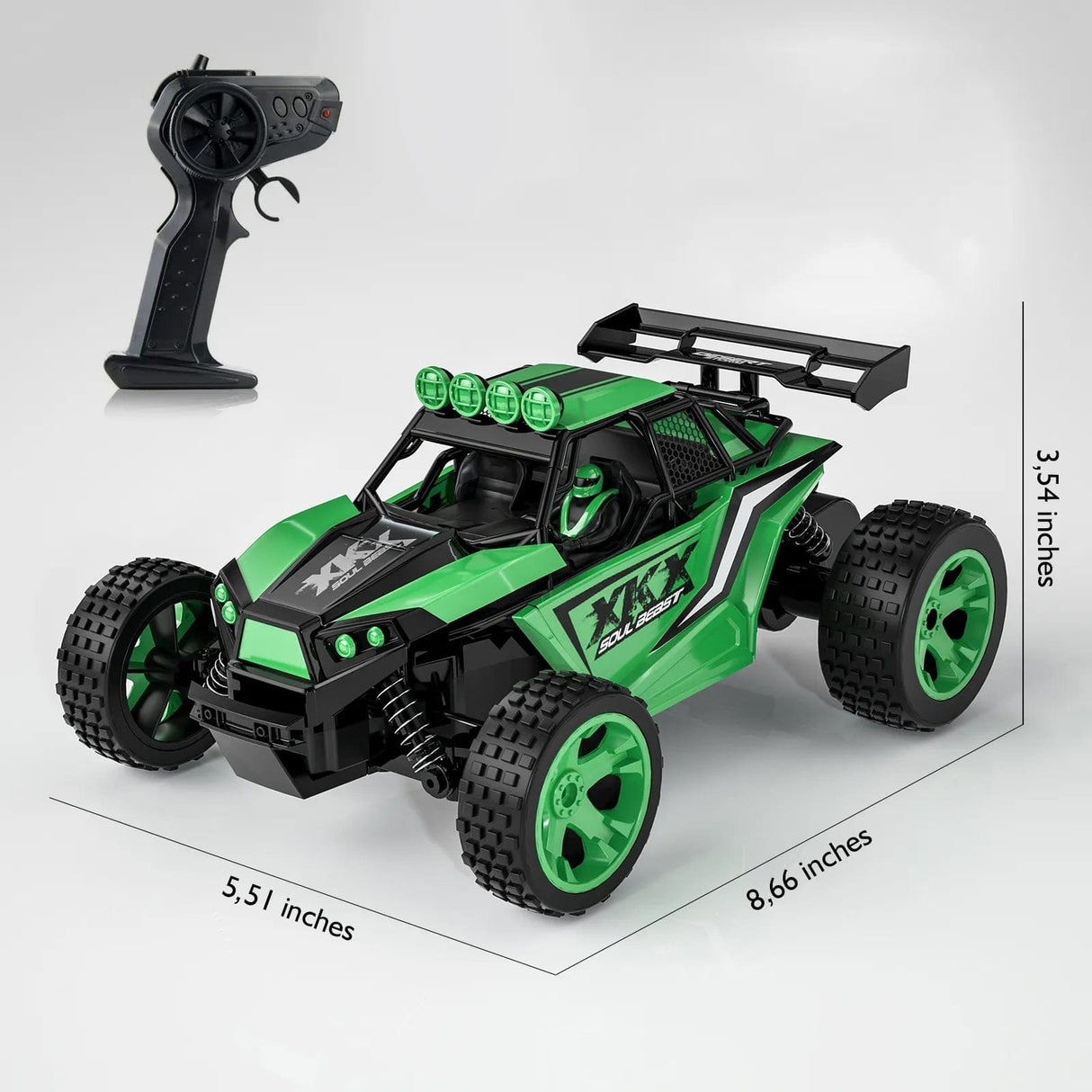 Green and black remote control car with a transmitter