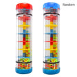 Two transparent tubes with colorful building block toys inside.