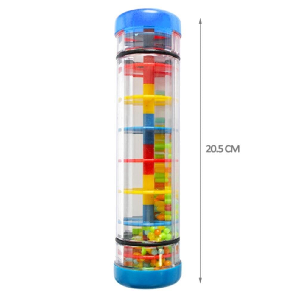 Colorful tube with building blocks inside, showing measurement.