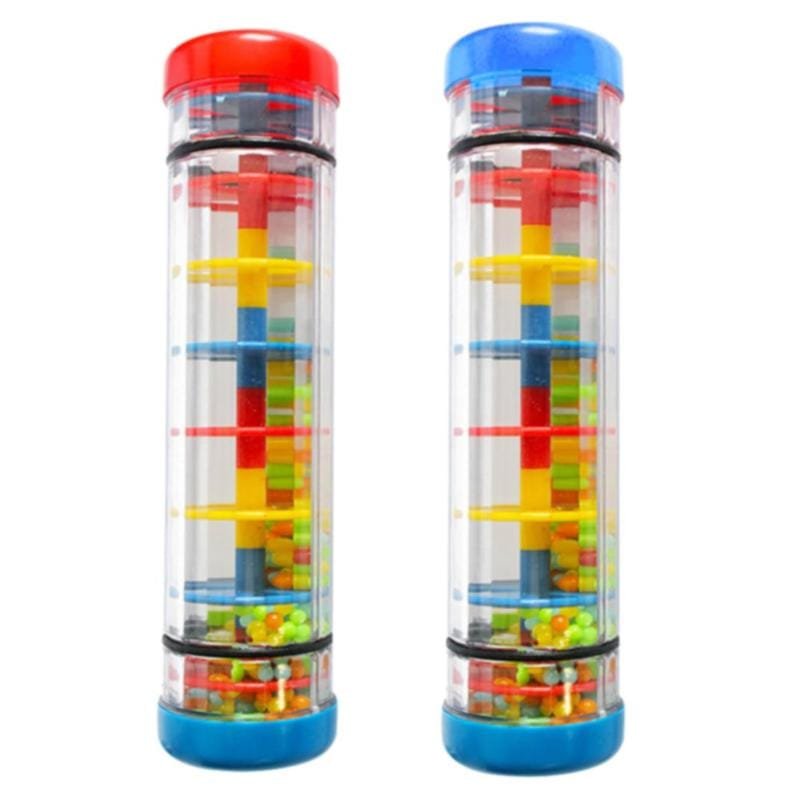 Two transparent tubes with colorful building block toys inside.