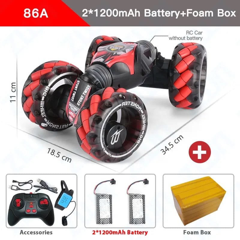 Red and black remote control car with accessories