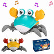Toy crab with music notes, smaller crab figure, and packaging.