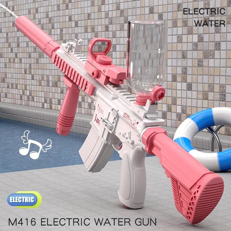 Pink and white electric water gun with a pool and tiled wall.
