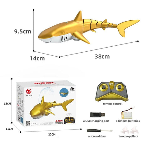 Gold remote-controlled shark toy with packaging, remote control, and accessories.