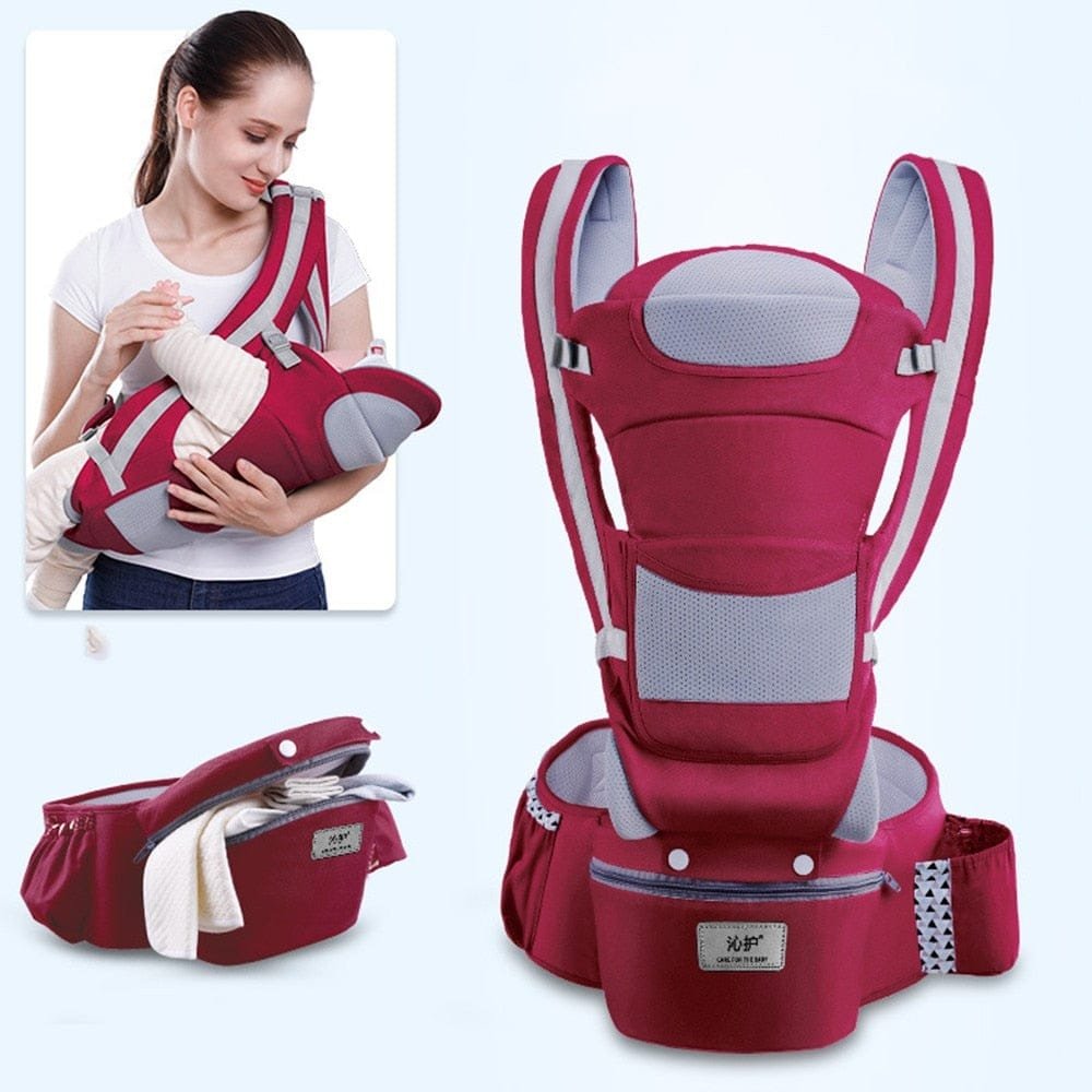 Red baby carrier with a woman holding a baby, on a white background