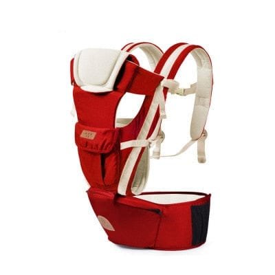 Red baby carrier with white straps on a white background