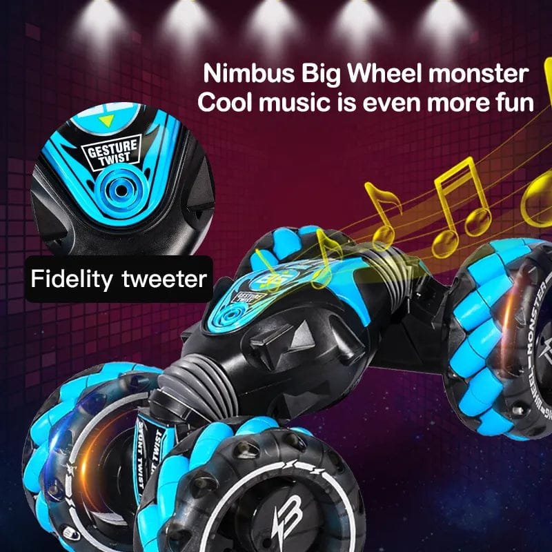 Toy vehicle with blue and black design, featuring 'Nimbus Big Wheel monster' text and musical notes.