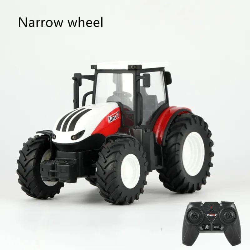 Toy tractor with narrow wheels and a remote control.