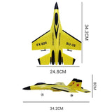 Yellow model airplane with dimensions 