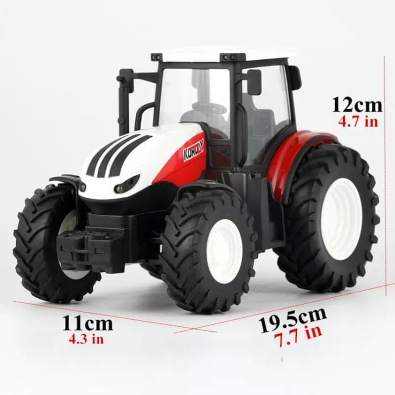 Toy tractor with measurements.