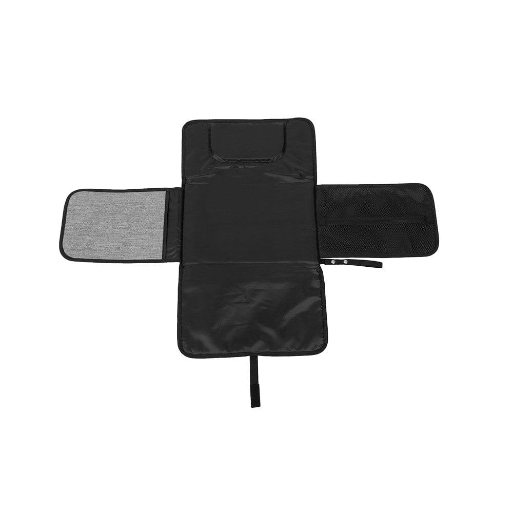 Black car mat with multiple compartments.