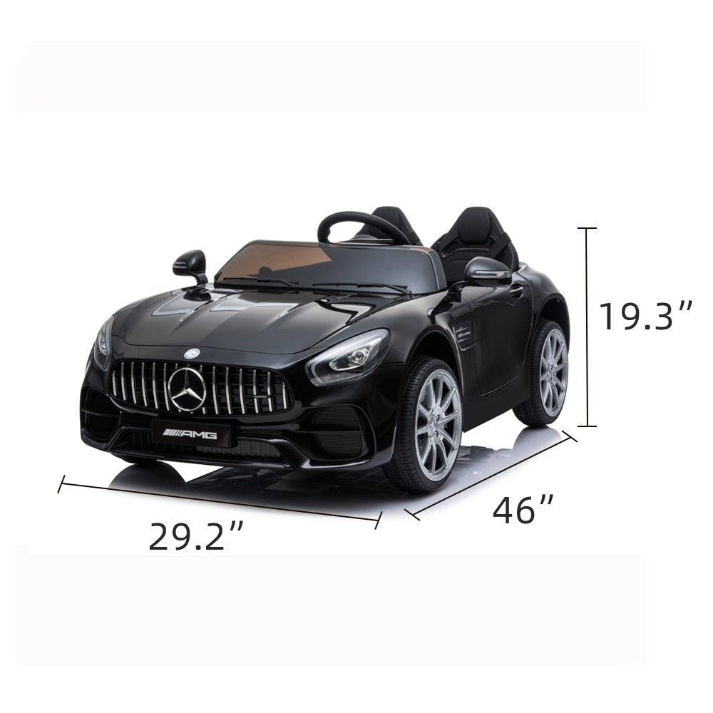 Black toy car with Mercedes-Benz logo and dimensions displayed.