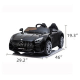 Black toy car with Mercedes-Benz logo and dimensions displayed.