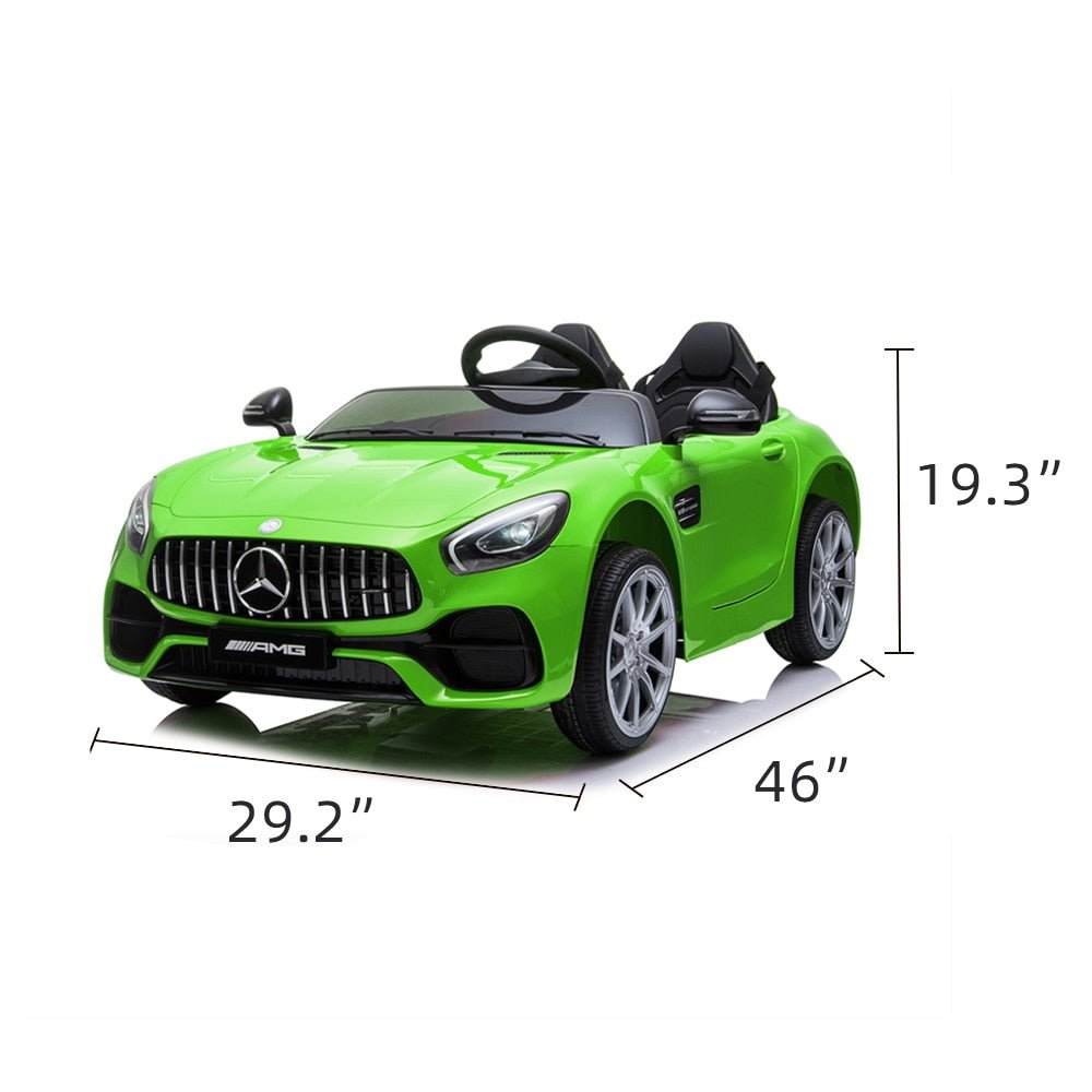 Green toy car with Mercedes-Benz logo and dimensions displayed.