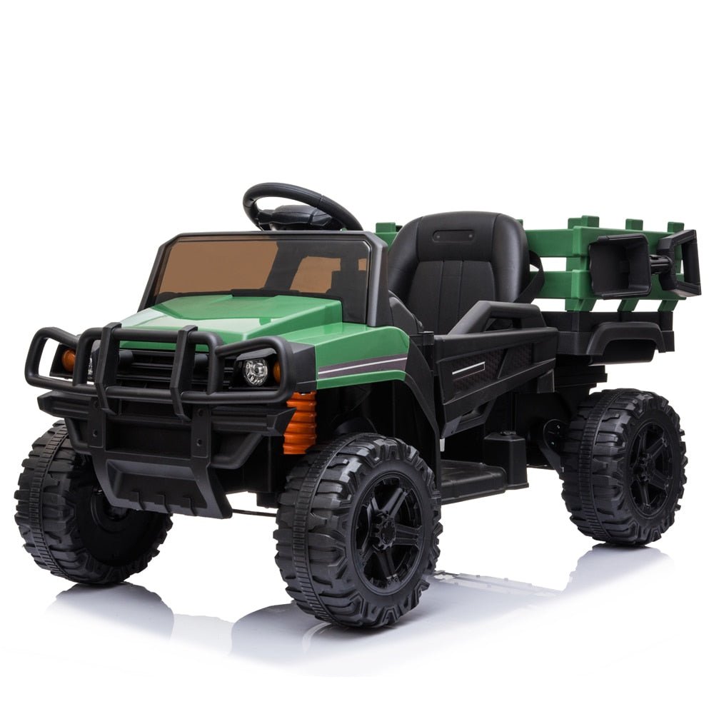 Green and black toy truck with a trailer.