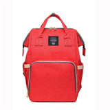 Red backpack with a visible brand label 