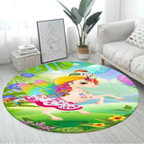 Round colorful rug with a fairy design in a living room setting