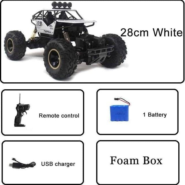Toy truck with remote control, battery, and USB charger.