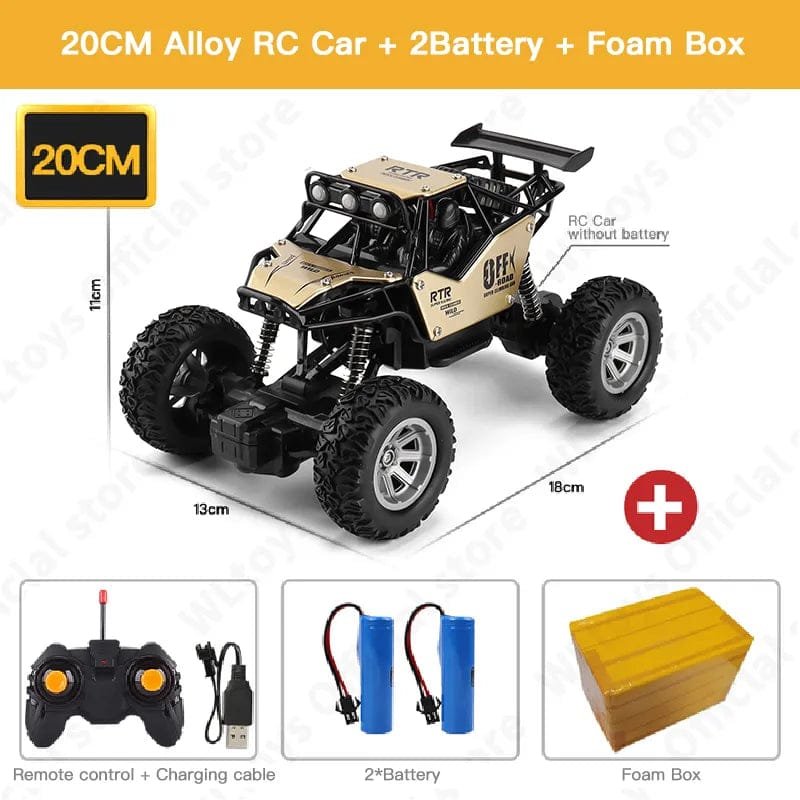 20CM Alloy RC Car with remote control, batteries, and foam box.