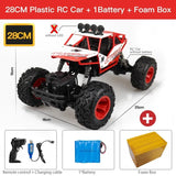 Red and black RC car with battery and foam box