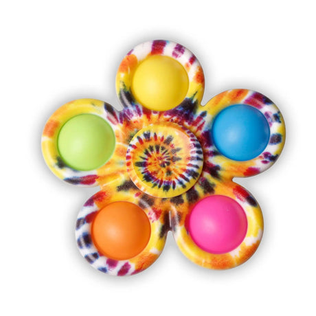 Colorful tie-dye fidget spinner with six different colored balls on a white background