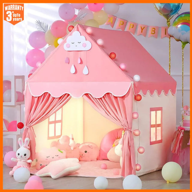 Pink children's play tent with decorative elements and balloons in the background