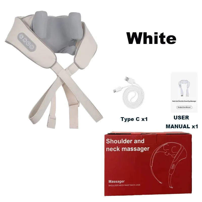 Shoulder and neck massager with accessories and packaging on a white background