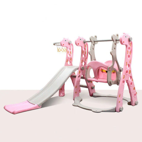 Pink children's swing set with slide on a white background