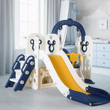 Children's playground slide with blue and yellow accents in a room setting.