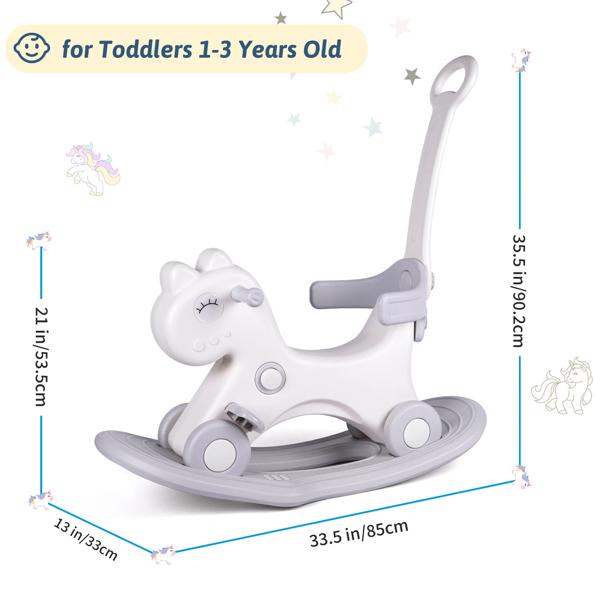 White rocking horse with gray accents for toddlers, shown with measurements on a white background.