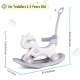 White rocking horse with gray accents for toddlers, shown with measurements on a white background.