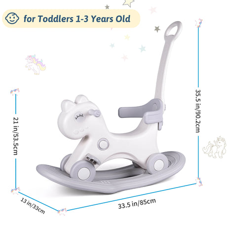 White rocking horse with gray accents for toddlers, shown with measurements on a white background.