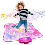 Child playing on a colorful dancing mat with music notes in the background
