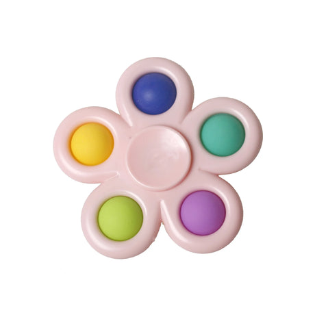Pink fidget spinner with colorful dots on a white background