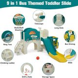 9-in-1 bus-themed toddler slide with various play features on a white background