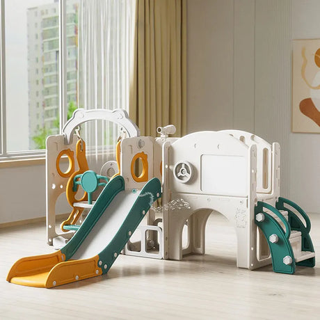 Children's playset with slides and climbing structures in a room with a window.