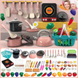 Collage of toy kitchen set with pots, pans, utensils, and food items on a pink background.