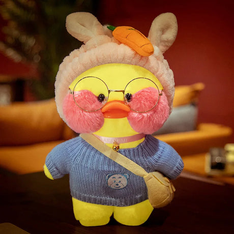 Plush toy with bunny ears and glasses in a cozy indoor setting