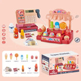 Toy supermarket set with cash register, ice cream stand, and accessories on a pink background