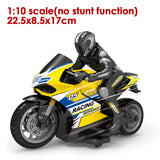 Toy motorcycle with rider on a white background, featuring text about scale and dimensions.