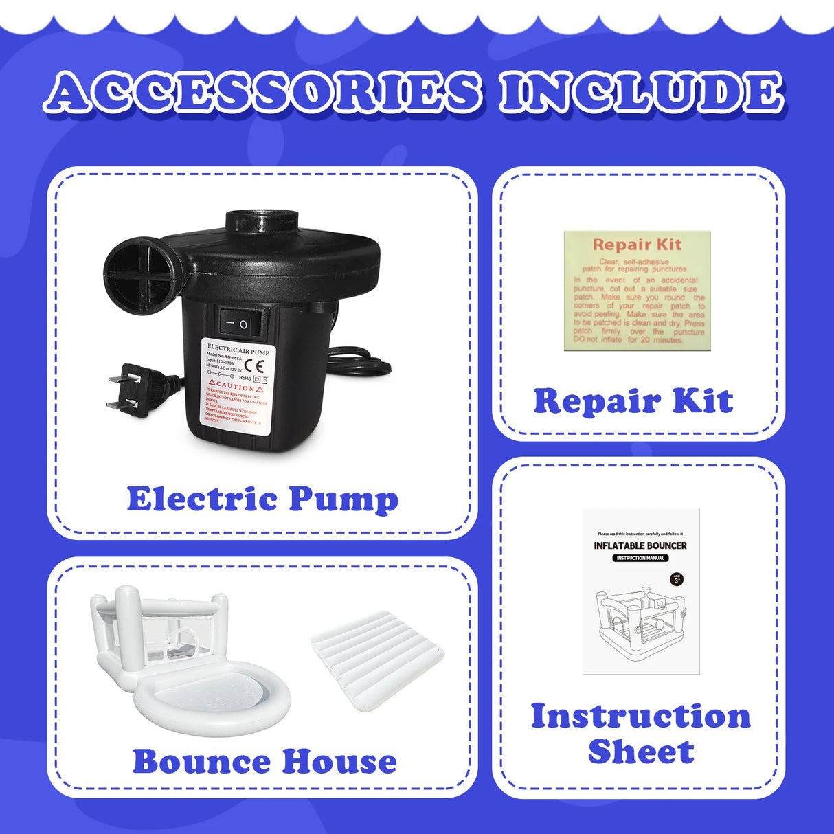 List of accessories including an electric pump, repair kit, bounce house, and instruction sheet on a blue background.