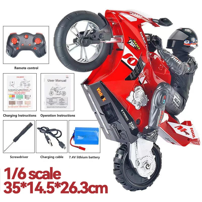 Red toy motorcycle with remote control, user manual, and accessories on a white background