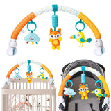Baby activity arch with hanging toys in a crib and stroller