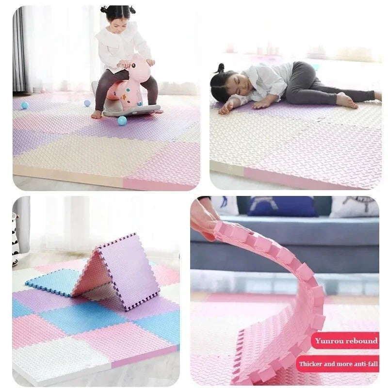 Collage of a child playing on a pink and white mat with various activities.